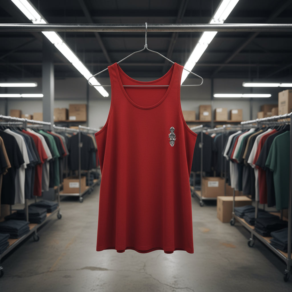 Red tank top on a hanger in a warehouse setting with clothing racks and boxes in the background.