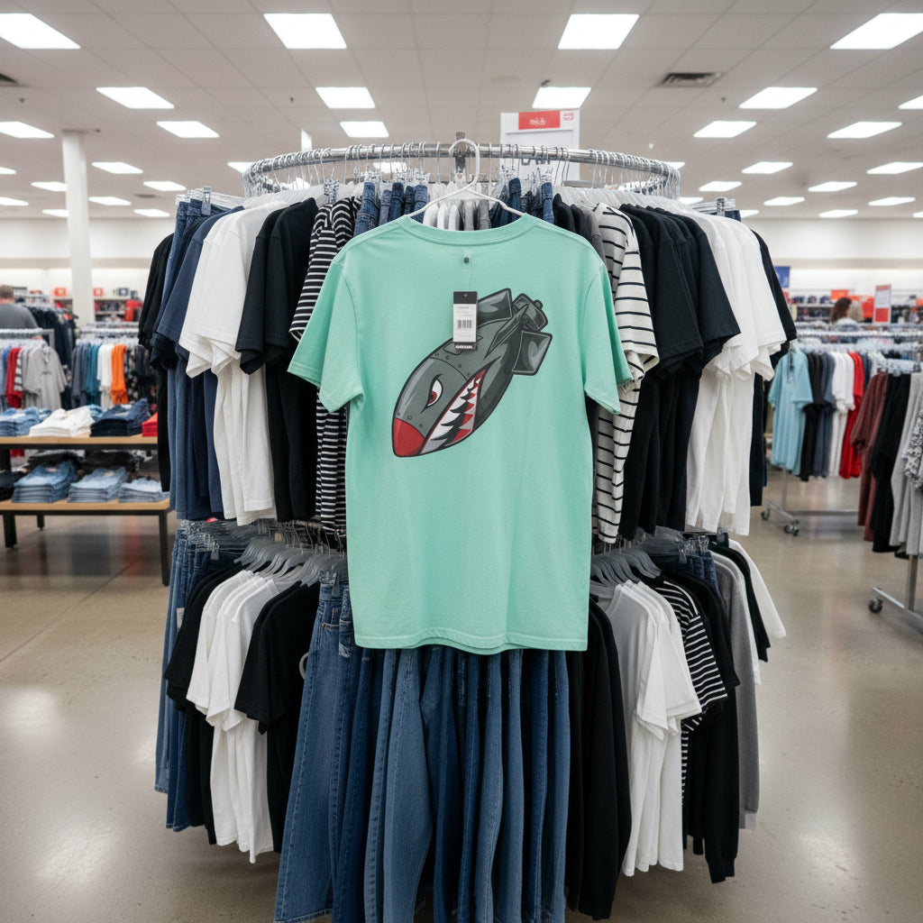Clothing rack with a green t-shirt featuring a graphic design in a retail store.