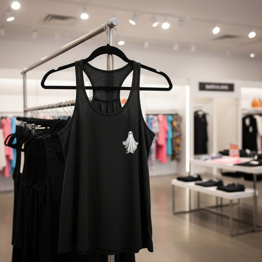 Black tank top with ghost design on a hanger in a store setting