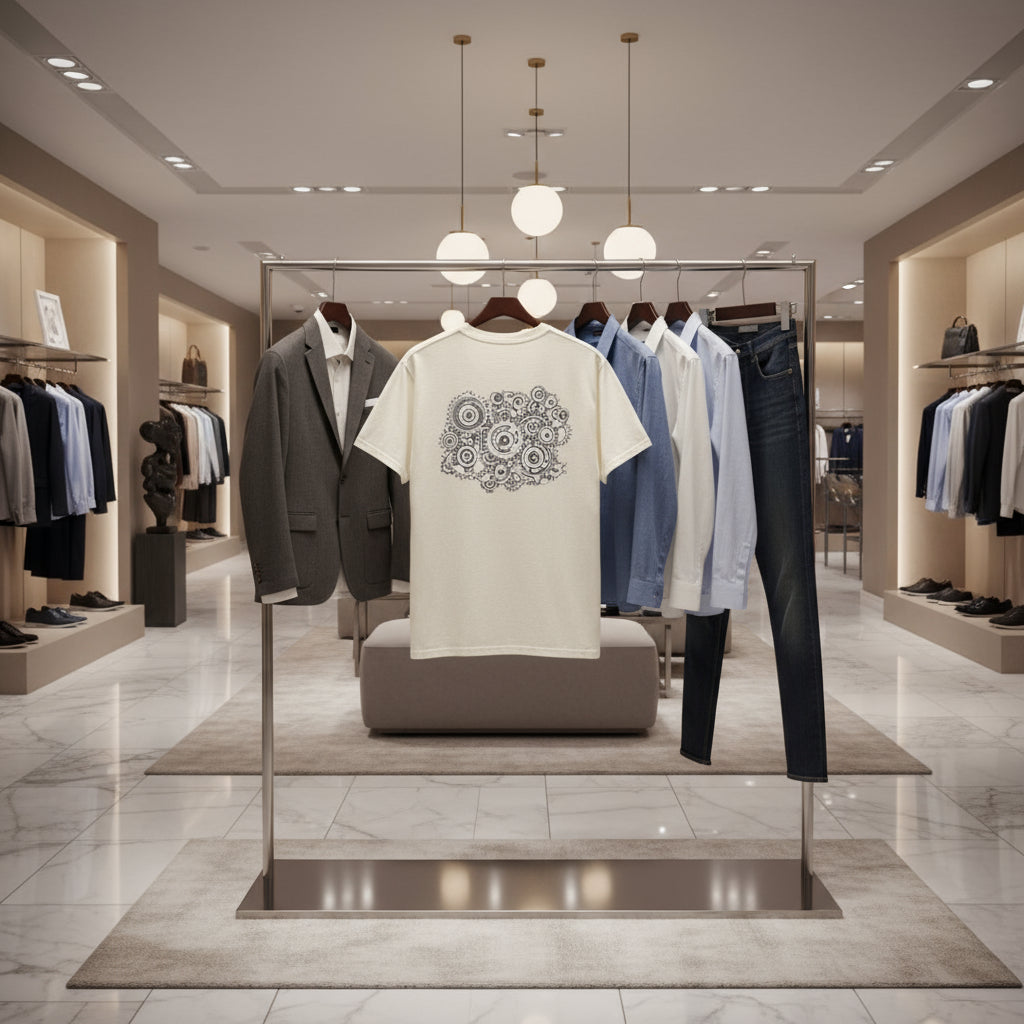 Fashion store interior with a display of clothing including a white t-shirt with a pattern.