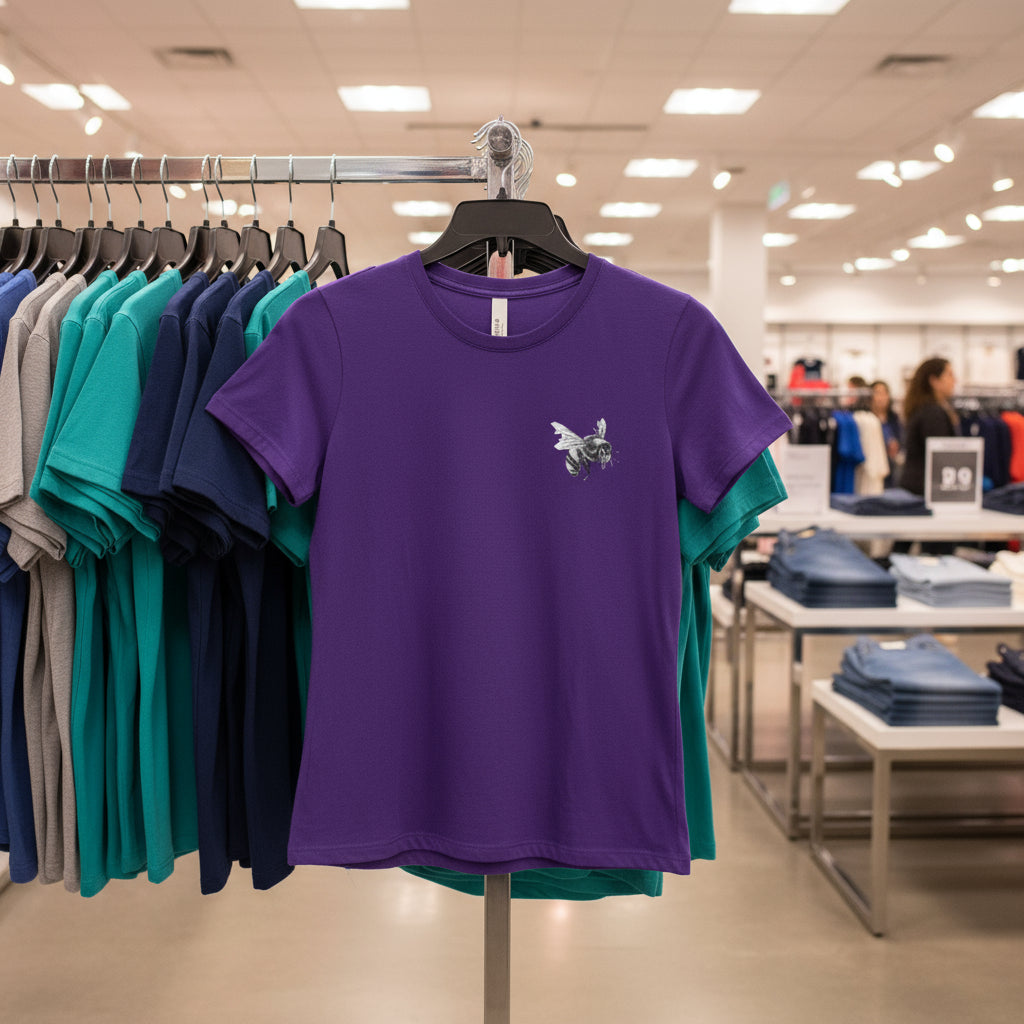 Purple t-shirt with a small graphic on the chest against a white background