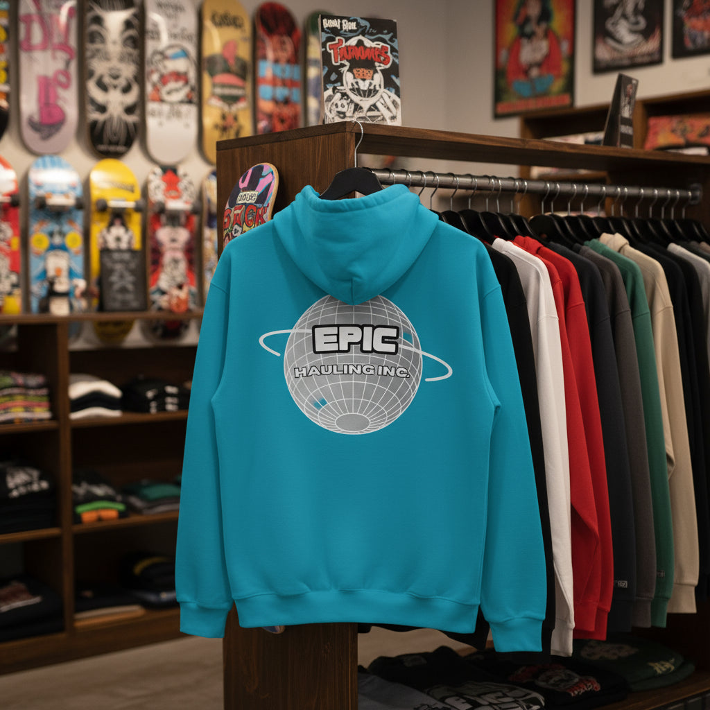 Blue hoodie with 'Epic Hauling Inc' logo on the back against a white background