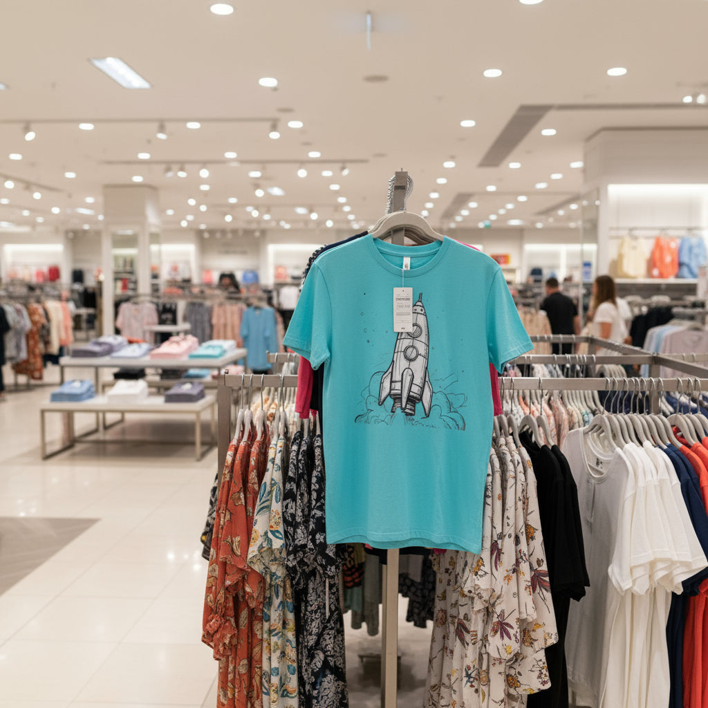 Blue t-shirt with a graphic design on a clothing rack in a store.