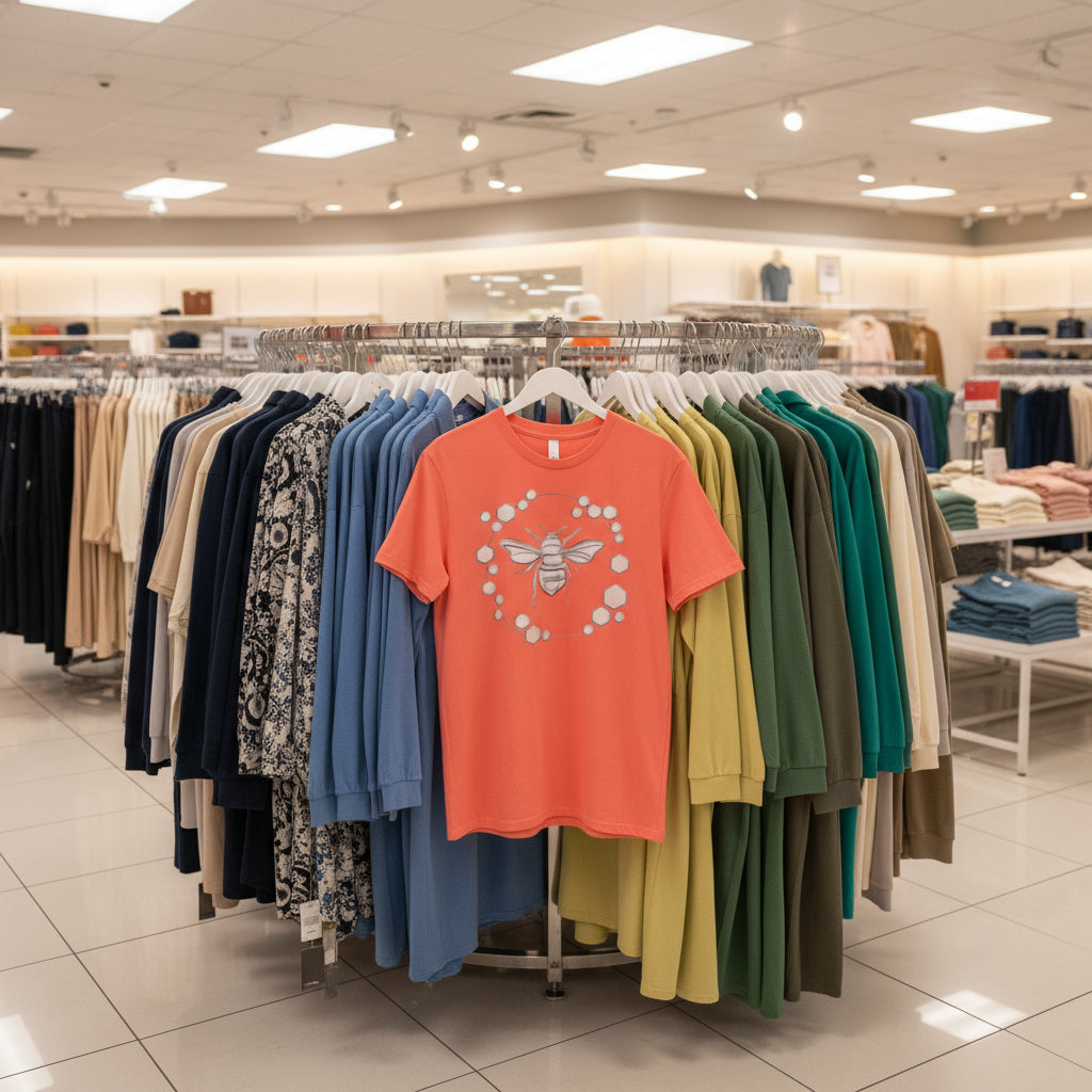 Clothing rack with various shirts in a store setting