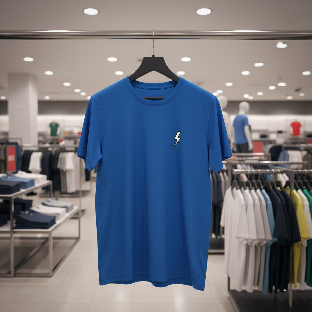 Blue t-shirt with a white lightning bolt logo on a white background