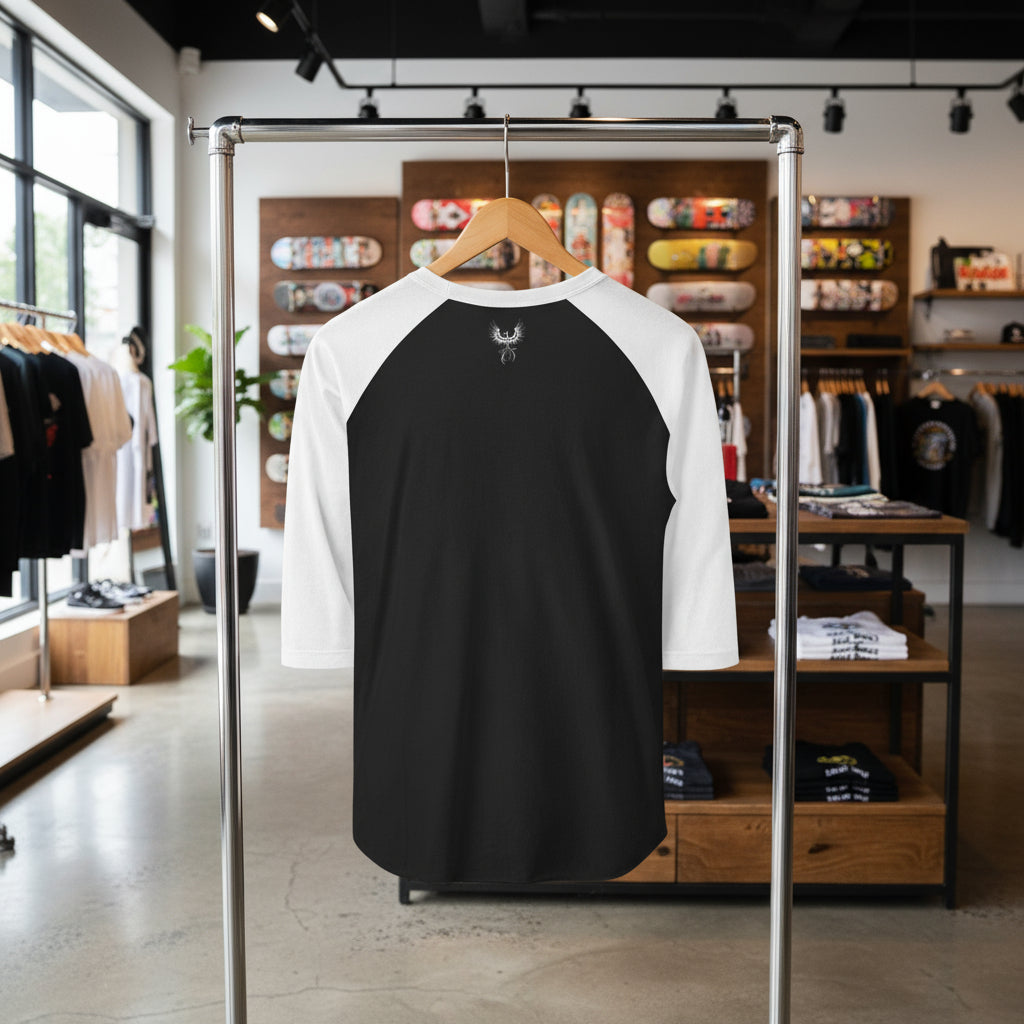 Black and white baseball shirt on a hanger in a store setting