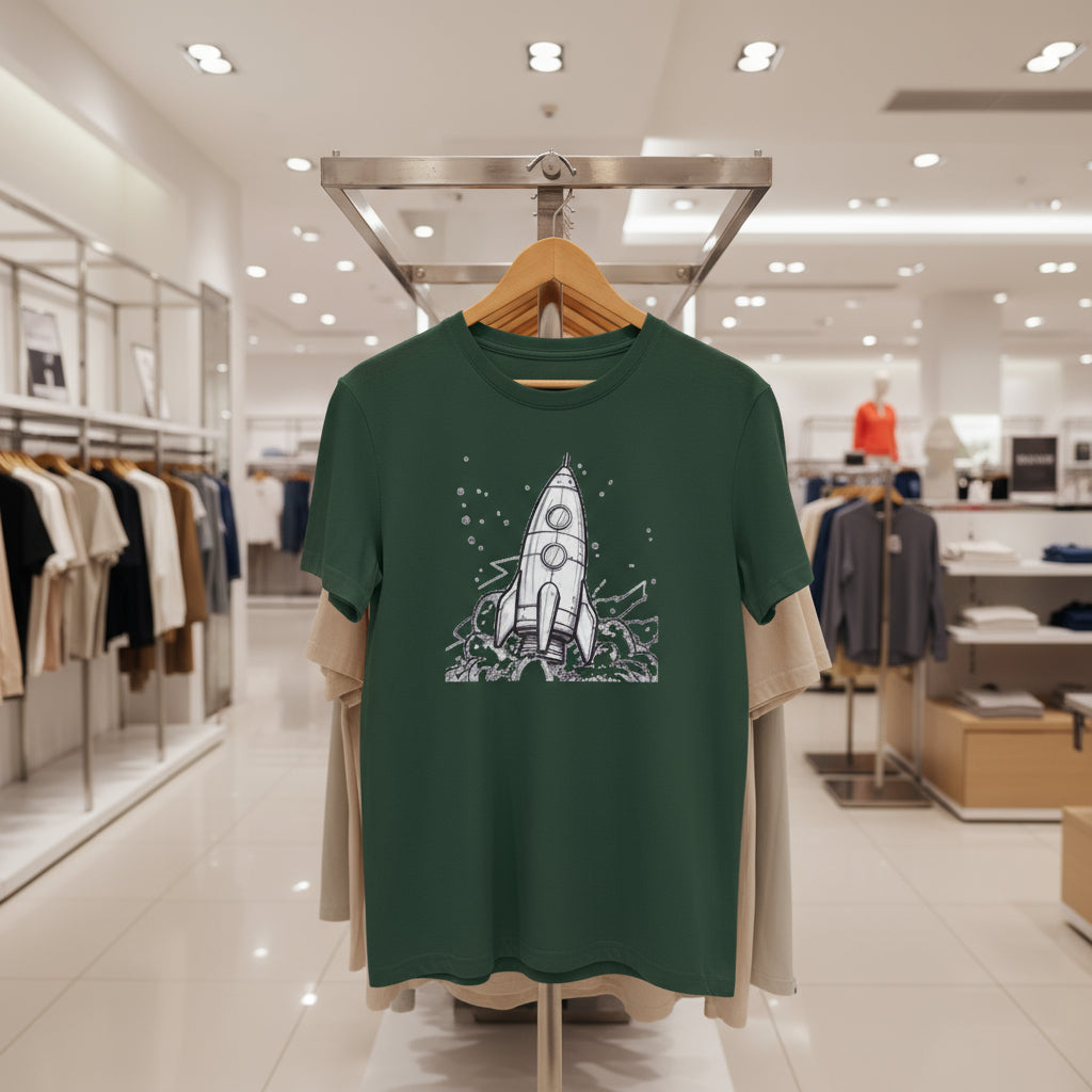 Green t-shirt with a rocket design on a hanger in a store.