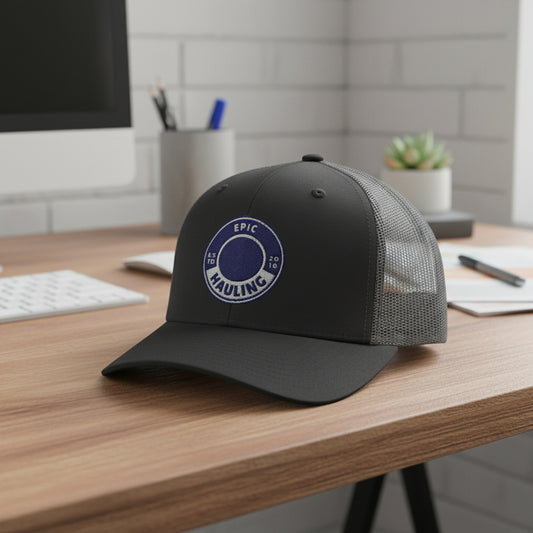 Black cap with a blue logo on a wooden desk