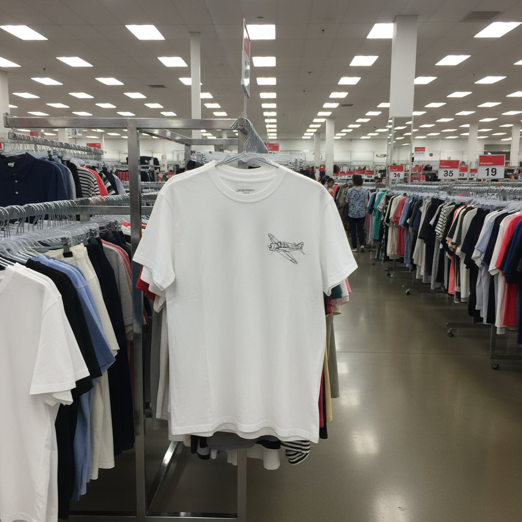 White t-shirt with a small graphic on a hanger in a clothing store.