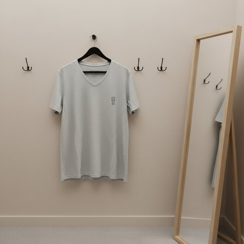 Gray t-shirt hanging on a hanger against a beige wall with a mirror and hooks.