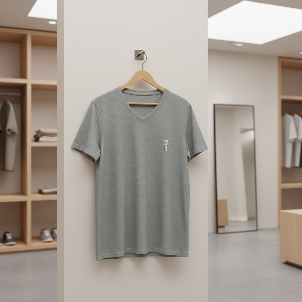 Gray t-shirt with a small logo on a white background