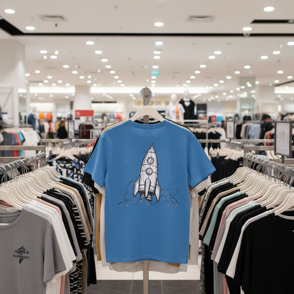 Blue t-shirt with a rocket design on a hanger in a clothing store.
