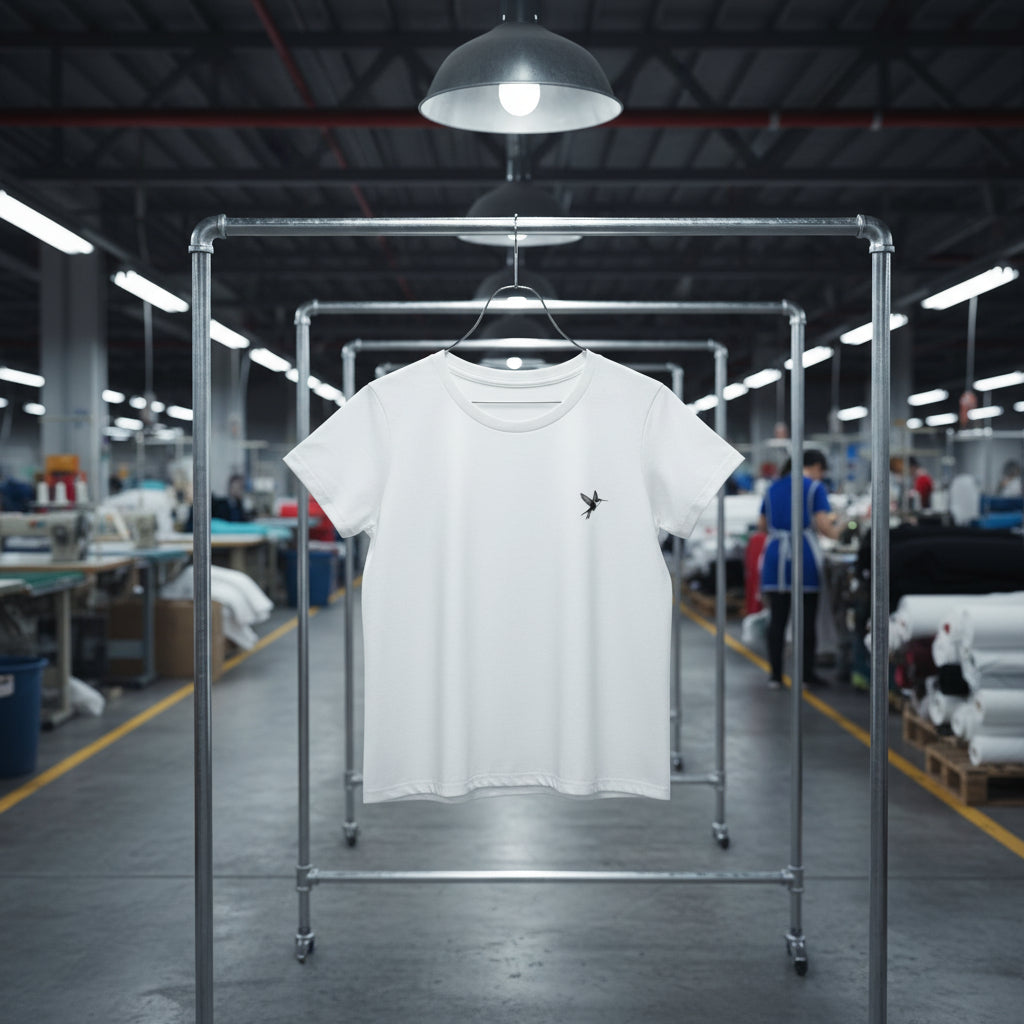 White t-shirt with a small logo on a rack in a warehouse setting