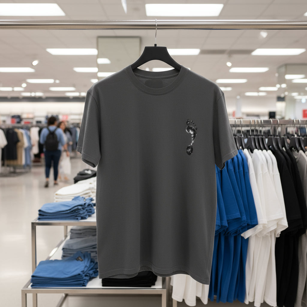 Gray t-shirt with a small design on a hanger in a store setting