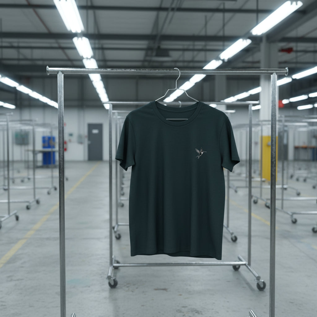 Black t-shirt on a hanger in a warehouse setting