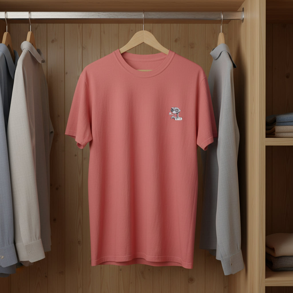 Pink t-shirt with a logo on a wooden hanger against a wooden wardrobe background