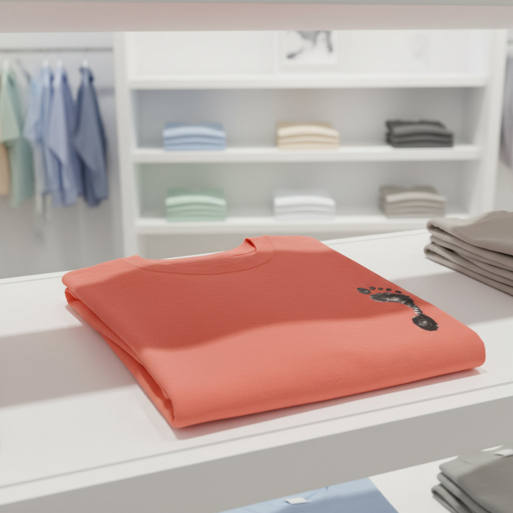 Folded orange towel with a design on a white surface, with shelves of folded clothes in the background.