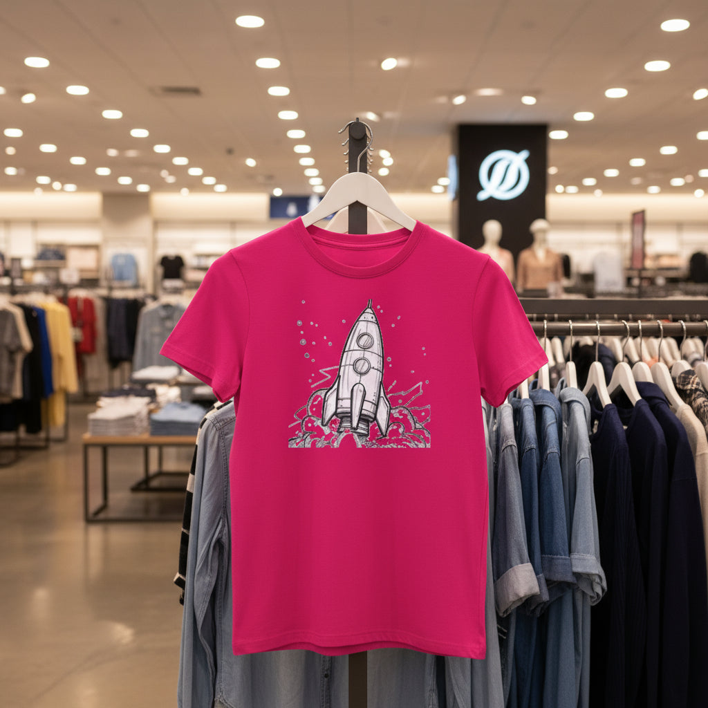 Pink t-shirt with a rocket ship design on a white background