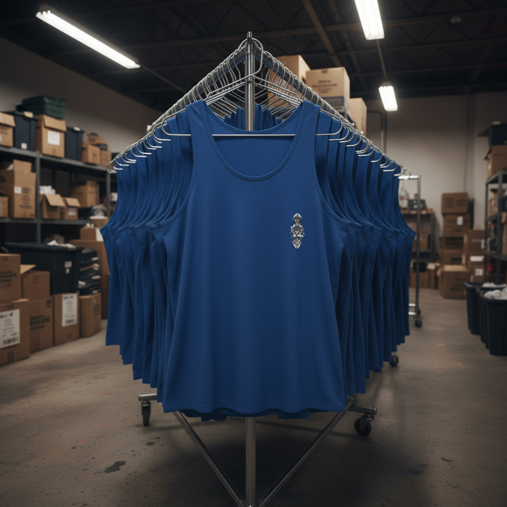 Row of blue tank tops on hangers in a warehouse setting