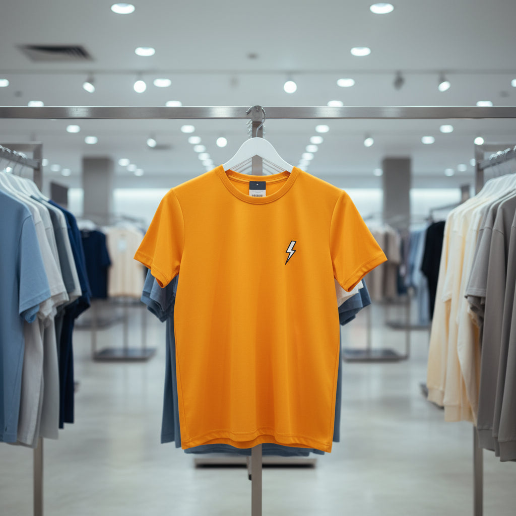 Yellow t-shirt with a lightning bolt emblem on a white background