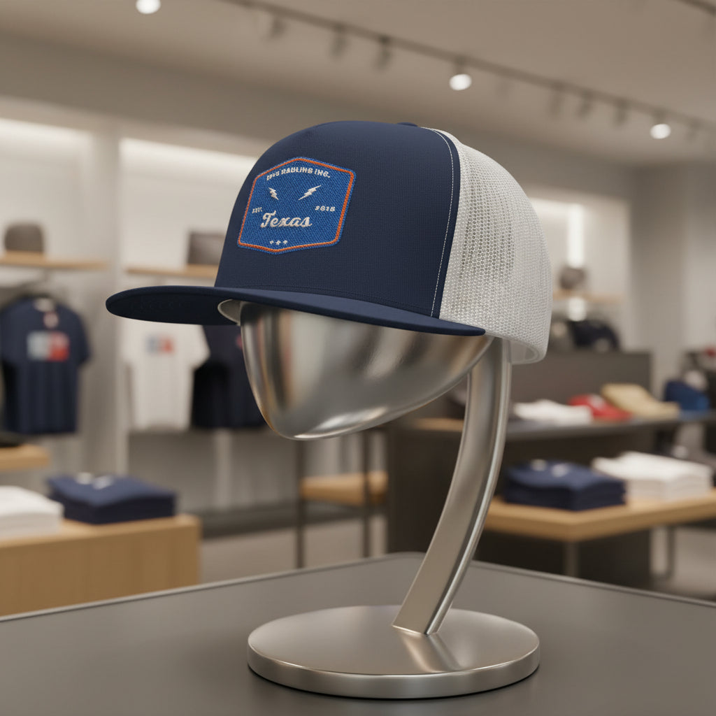 Blue cap with a logo on a metallic stand in a store setting