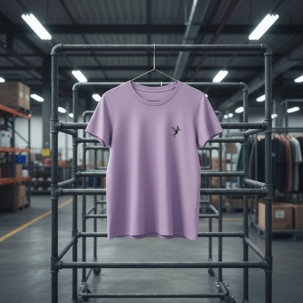 Purple t-shirt with a small black logo on a white background