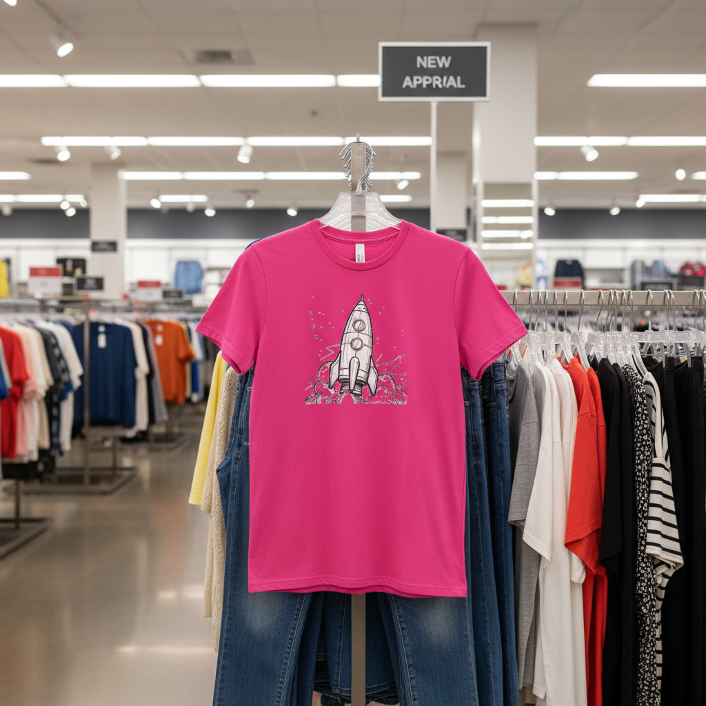 Pink t-shirt with a graphic design on a hanger in a store setting