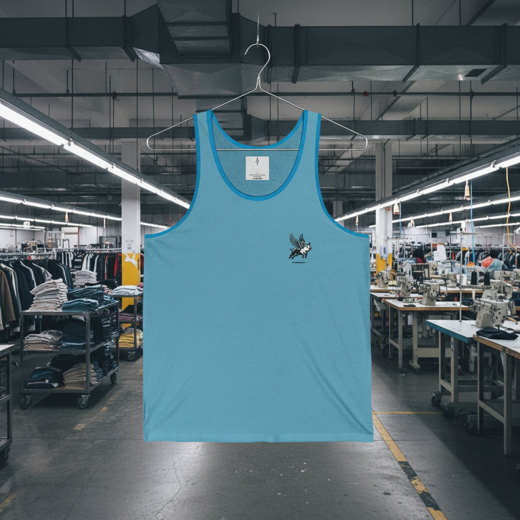 Blue tank top with a logo on a hanger in an industrial setting