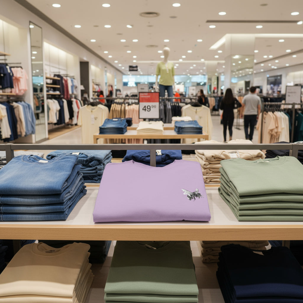 Display of folded clothing in a store with a focus on purple, green, and blue garments.