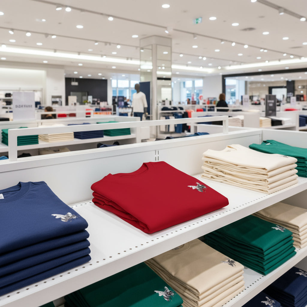 Folded red t-shirt with a small graphic on a white background