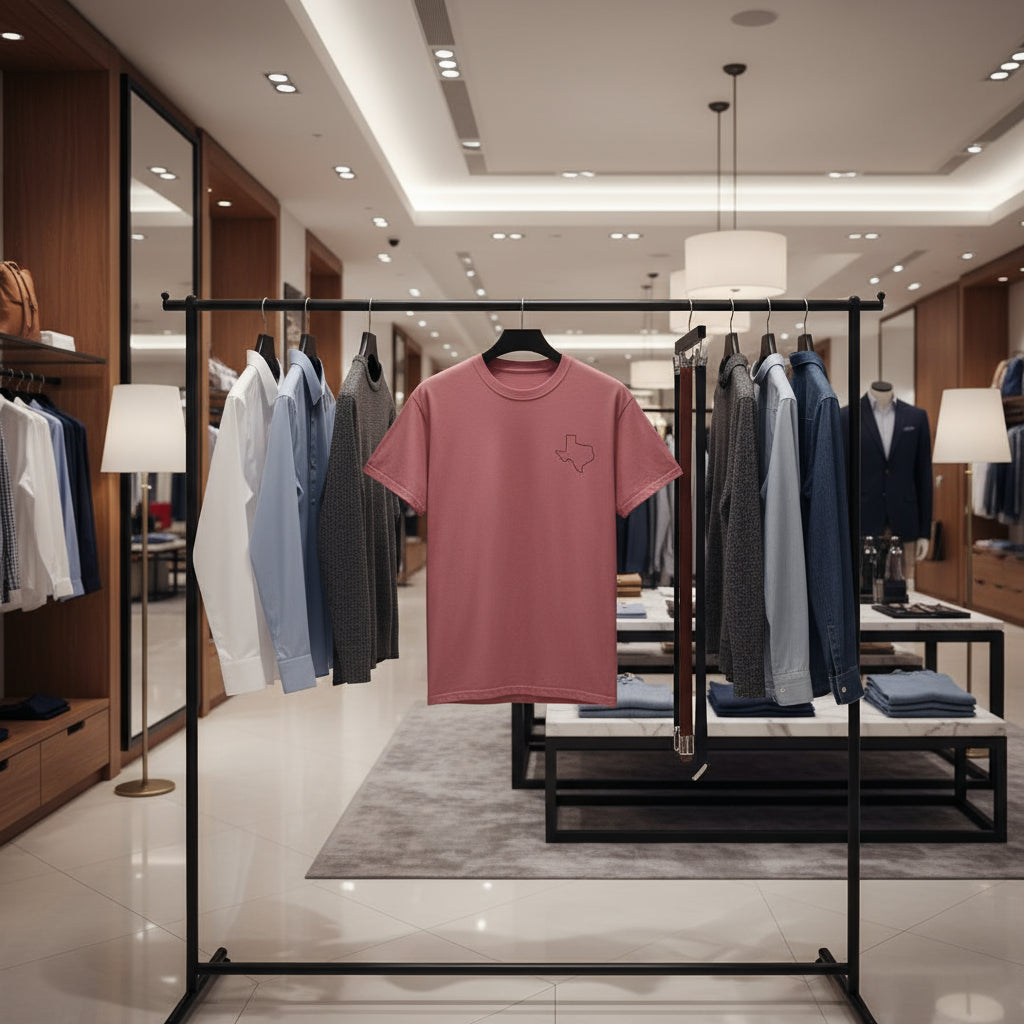 Pink t-shirt on a rack with other clothing in a store setting