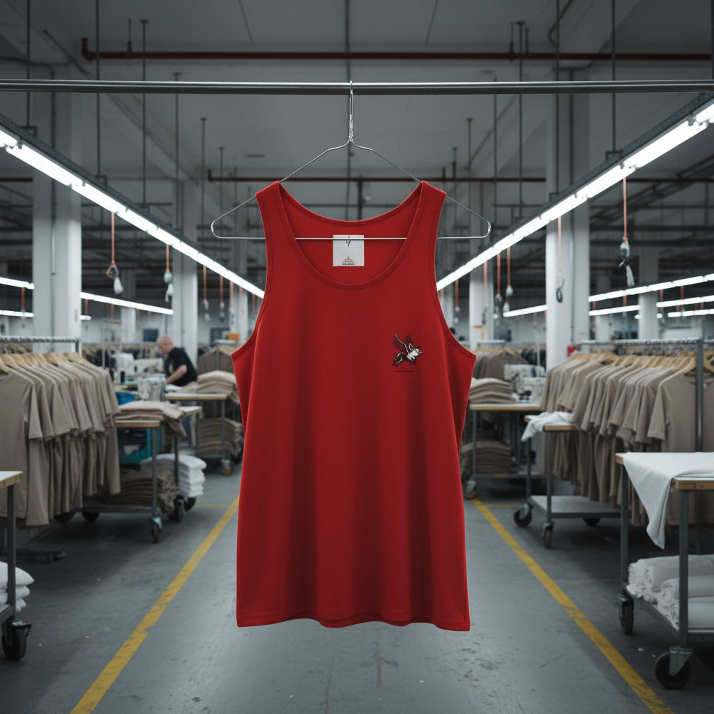 Red tank top on a hanger in a factory setting