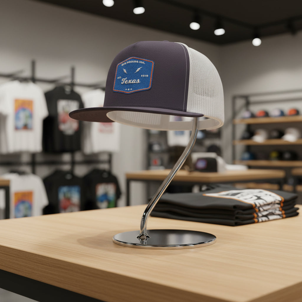 Trucker hat with a patch on a stand in a store setting