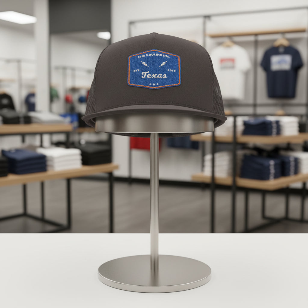 Gray cap with a blue patch on a stand in a store setting