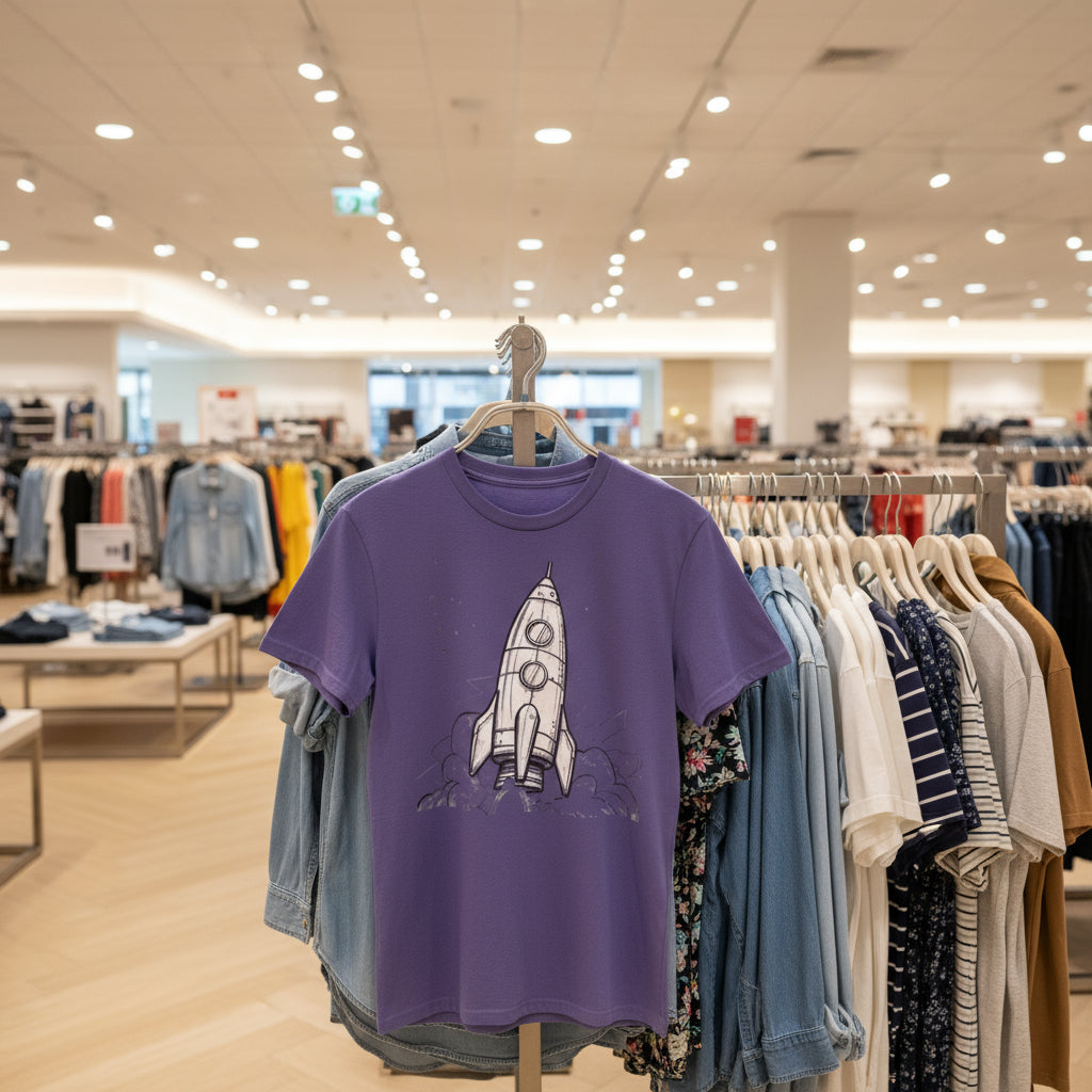 Purple t-shirt with a rocket design on a hanger in a clothing store.