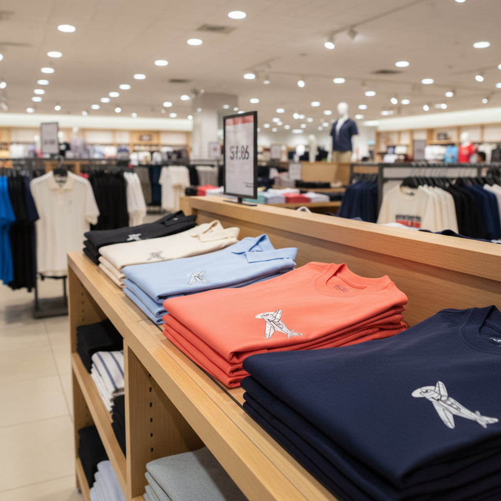 Folded orange t-shirt with a white airplane graphic on a white background
