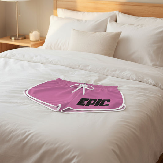 Pink shorts with 'EPIC' text on a white background