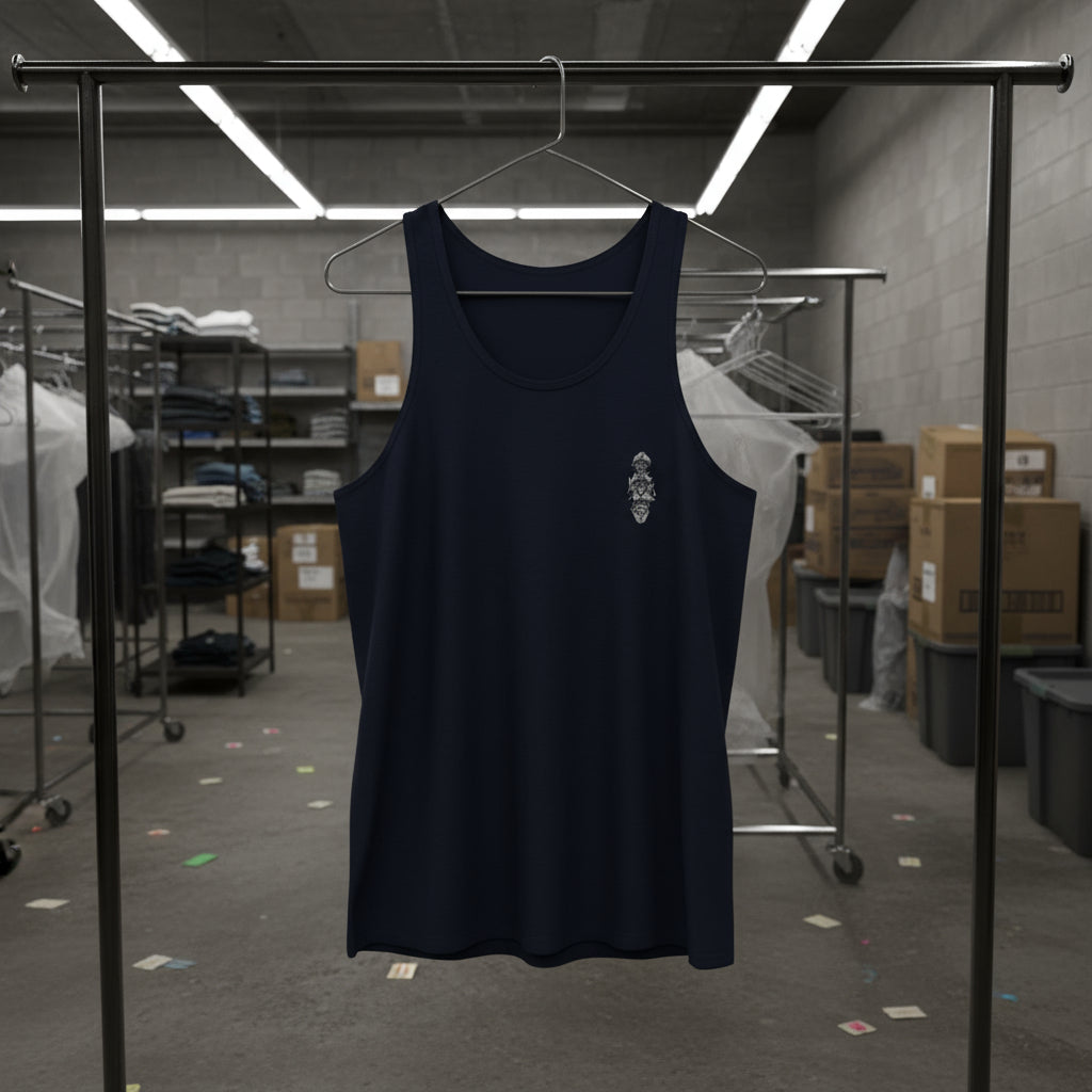 Navy tank top on a hanger in a warehouse setting