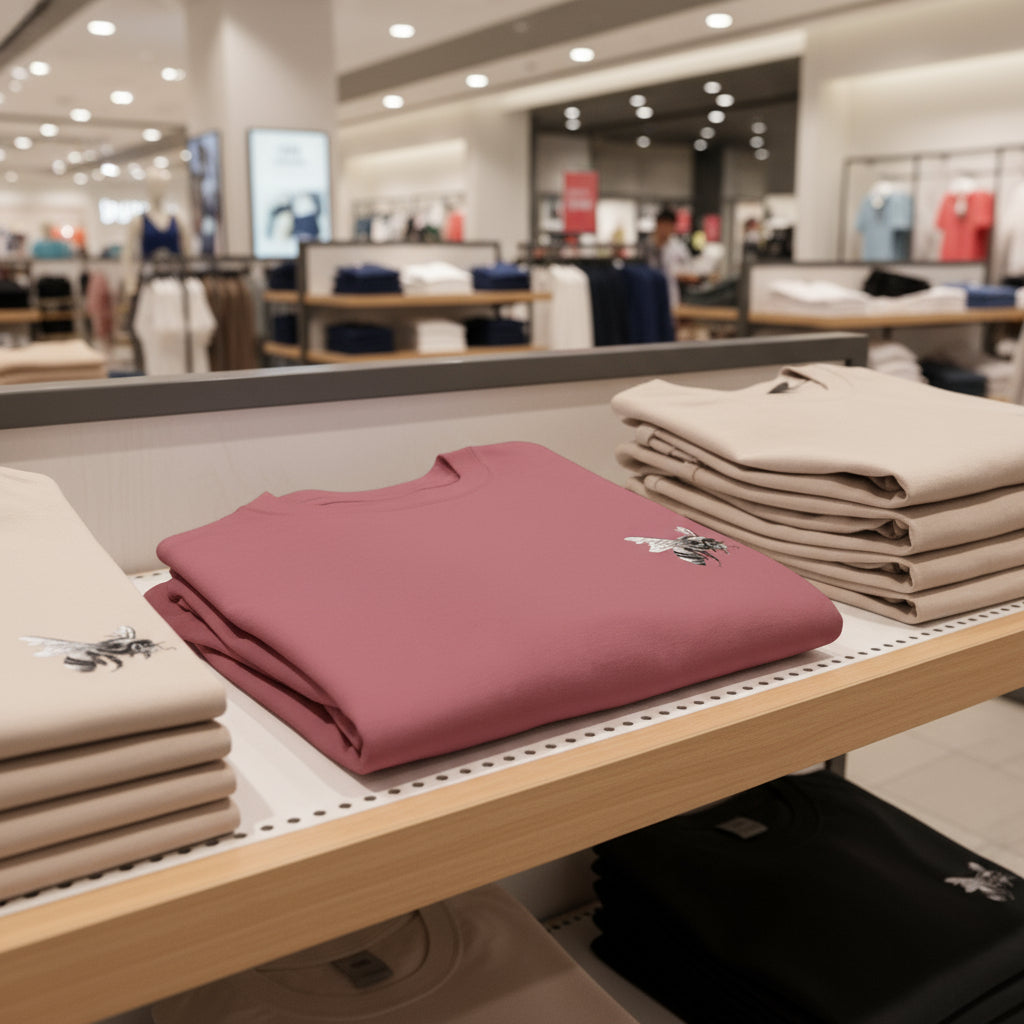 Stacks of folded shirts on a clothing rack in a store