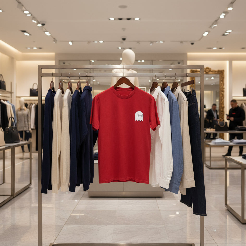 Red t-shirt with a white logo on a clothing rack in a store.