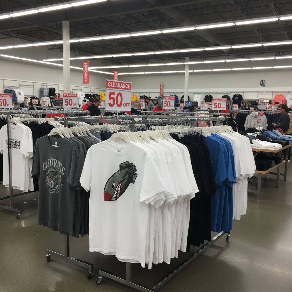 Clothing store with racks of t-shirts and clearance signs on the ceiling.