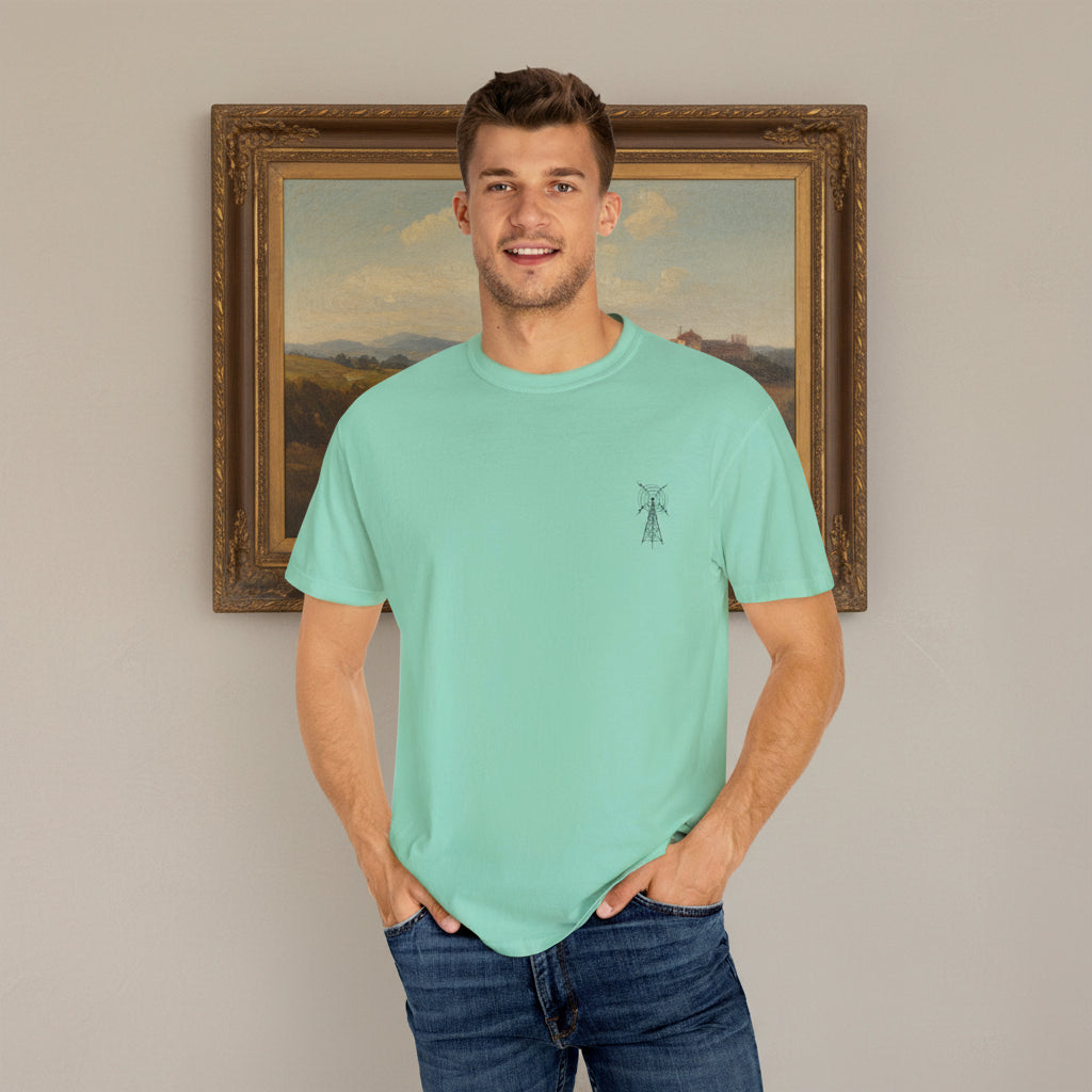 Man wearing a light green t-shirt with a small logo, standing in front of a framed landscape painting.