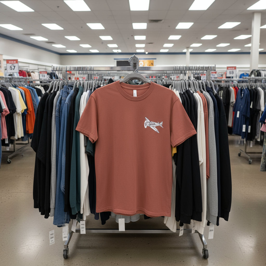 Brown t-shirt with a white airplane design on a white background