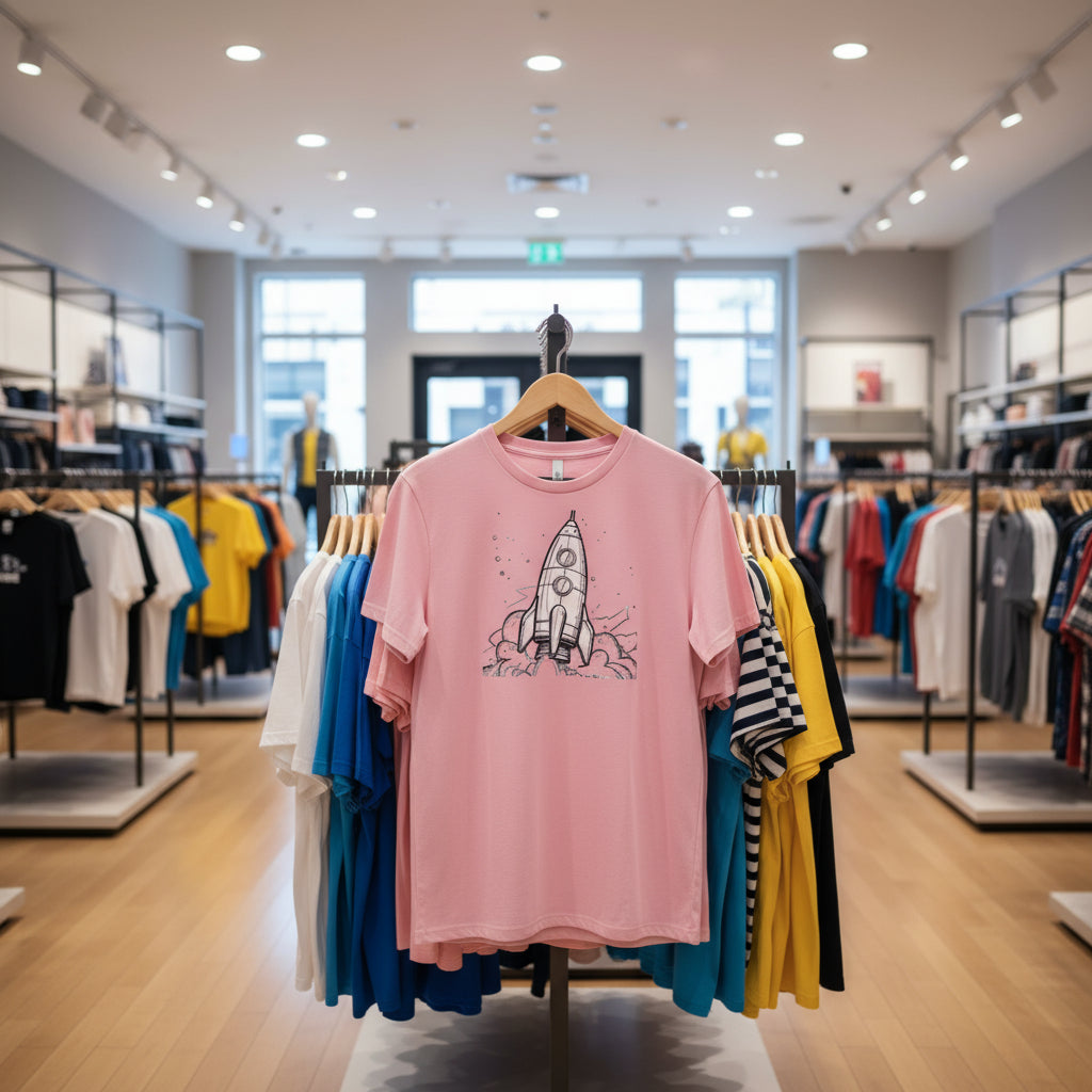 Pink t-shirt with a rocket design on a hanger in a clothing store.