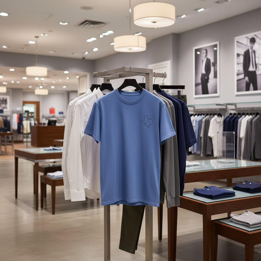 Blue shirt on a rack in a clothing store with various garments and displays.