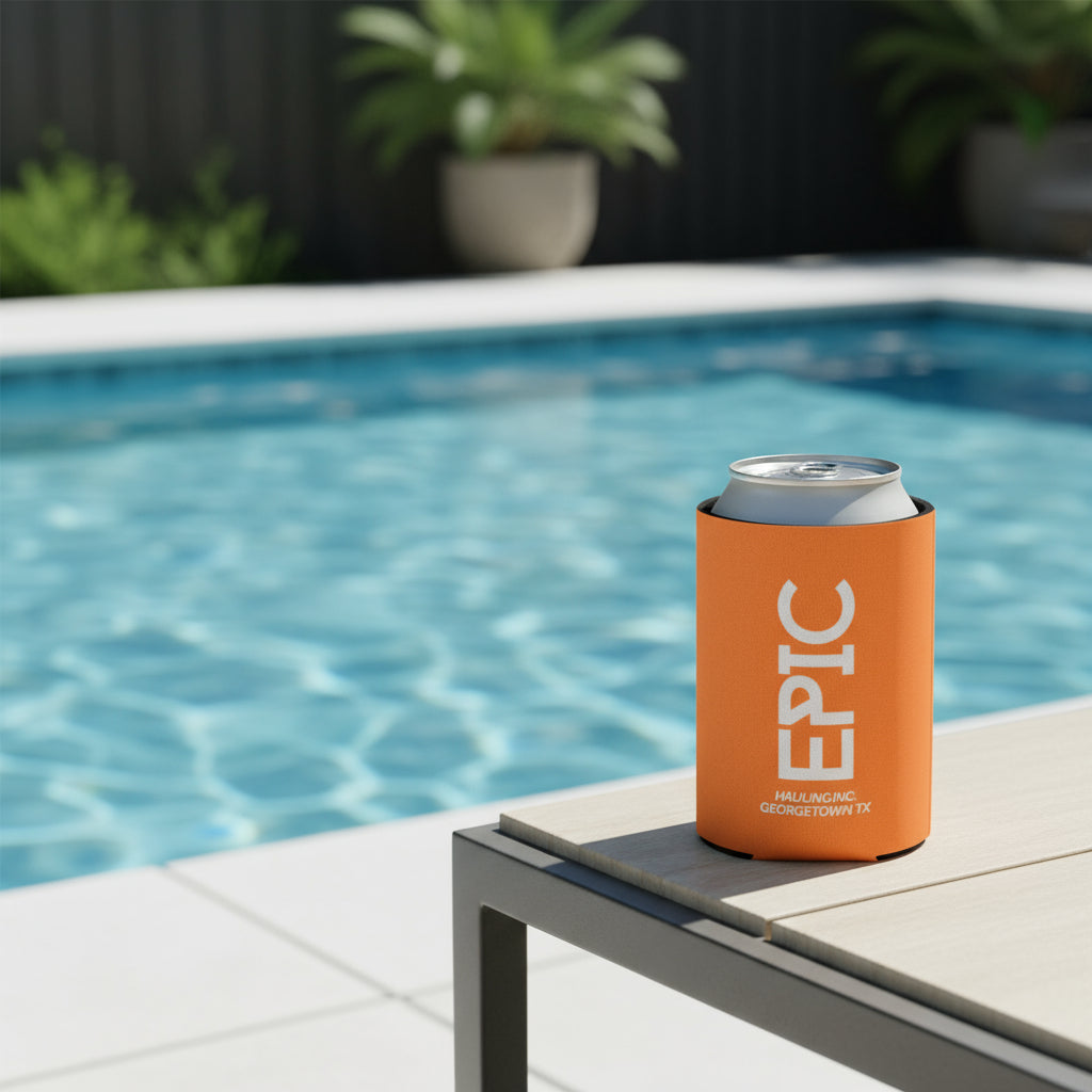 Orange can cooler with 'EPIC' branding on table