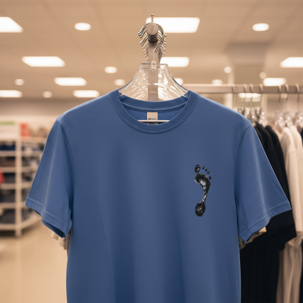 Blue t-shirt with a black design on a hanger in a store setting
