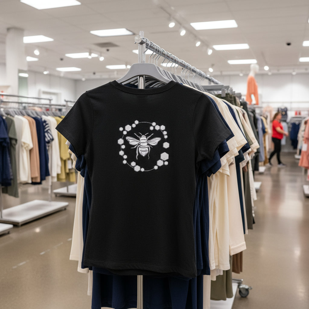 Black t-shirt with a white bee and flower design on a white background