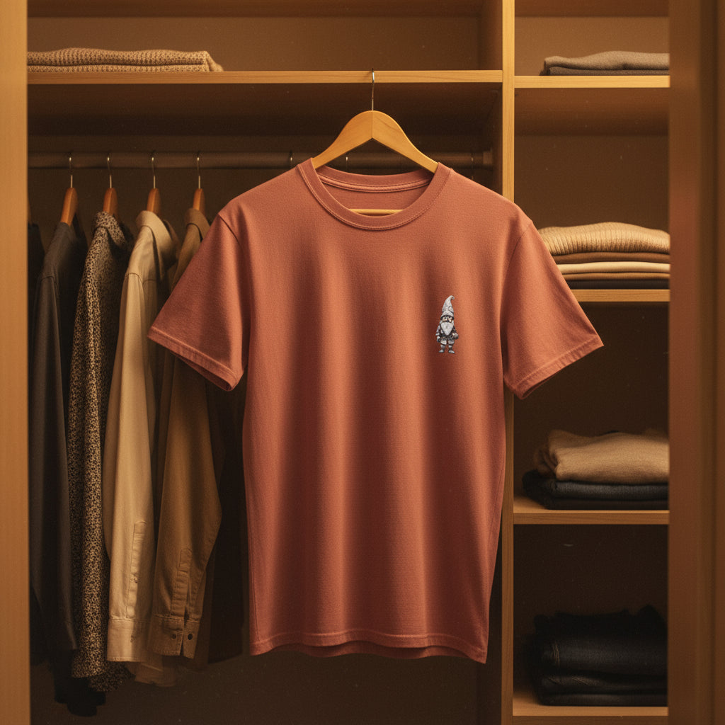 Brown t-shirt with a small graphic on a hanger in a wardrobe.