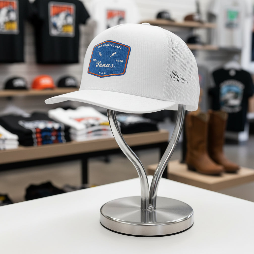 White cap with a Texas patch on a metal stand in a store setting
